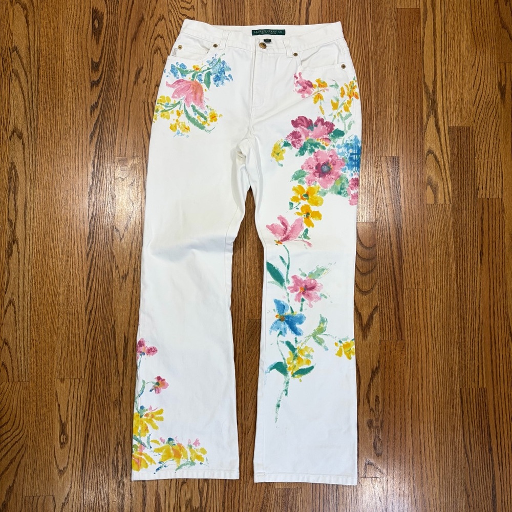 Lauren Ralph Lauren White Straight Leg Jeans with Multicolor Floral Print